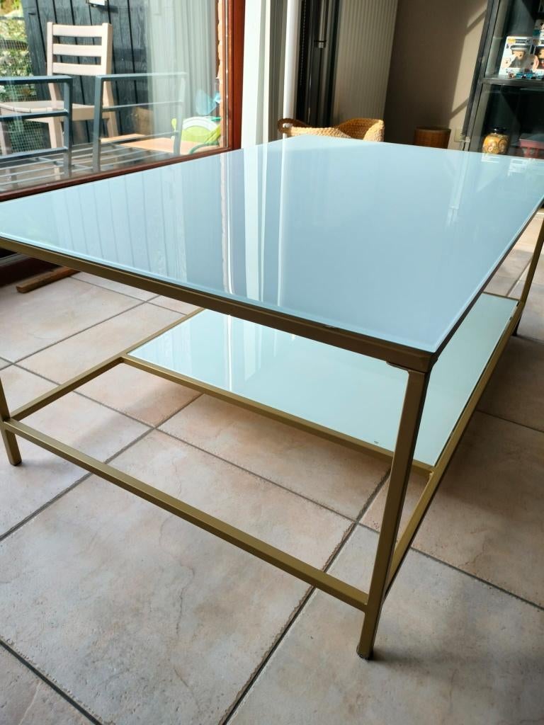 Salontafel - gouden frame - wit glas, Huis en Inrichting, Tafels | Salontafels, Zo goed als nieuw, Minder dan 50 cm, 50 tot 100 cm