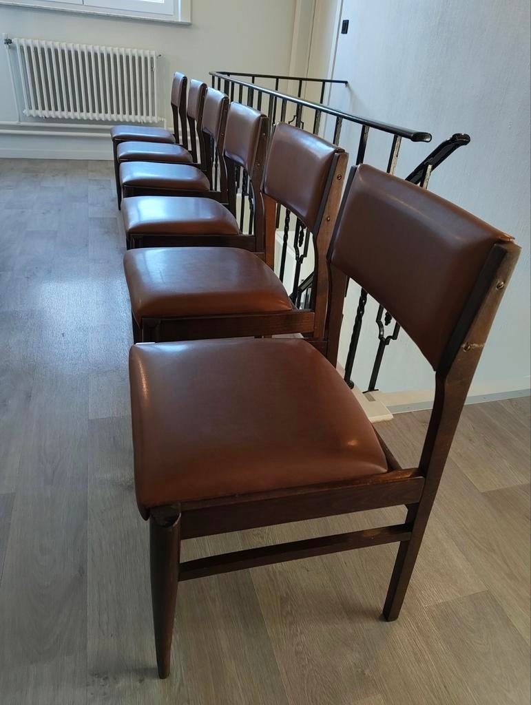 Set van 6 stoelen Vintage Lederlook, bruin hardhout 60's, Huis en Inrichting, Stoelen, Ophalen, Gebruikt, Bruin, Vintage 60's