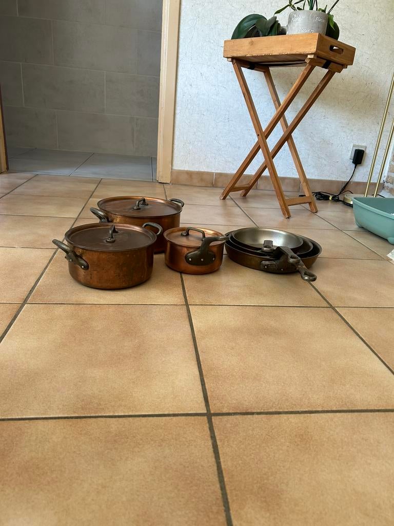 Koperen potten en pannen set, Huis en Inrichting, Keuken | Potten en Pannen, Ophalen, Pannenset, Zo goed als nieuw, Keramische plaat