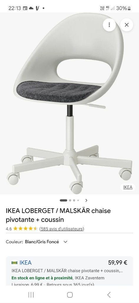 IKEA LOBERGET / MALSKÄR chaise pivotante + coussin, Maison & Meubles, Enlèvement, Comme neuf, Blanc, Chaise de bureau