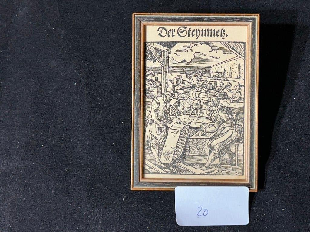 Schnitt en bois ancien Der Steinmetz Jost Amman, Antiquités & Art, Encadré, Enlèvement, Vie quotidienne, Gravure sur bois