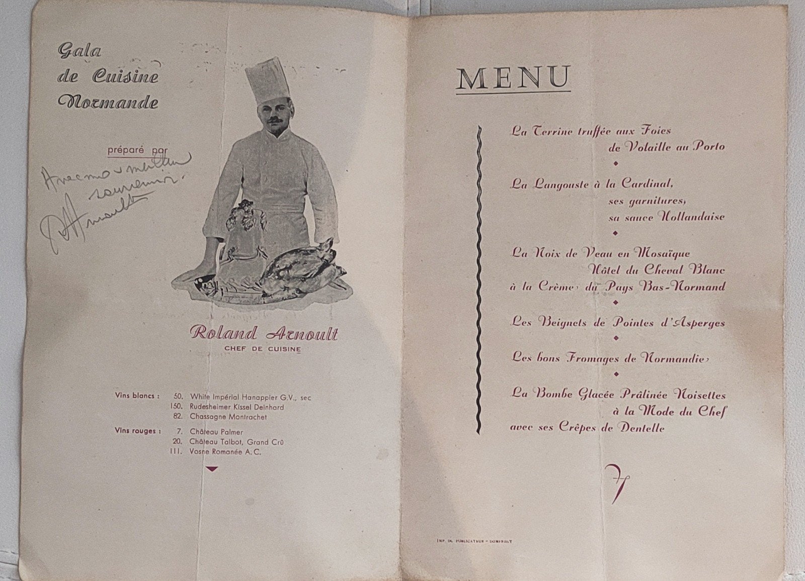 Menu L'hôtel du Cheval Blanc Kursaal Ostende 1959 signé, Enlèvement