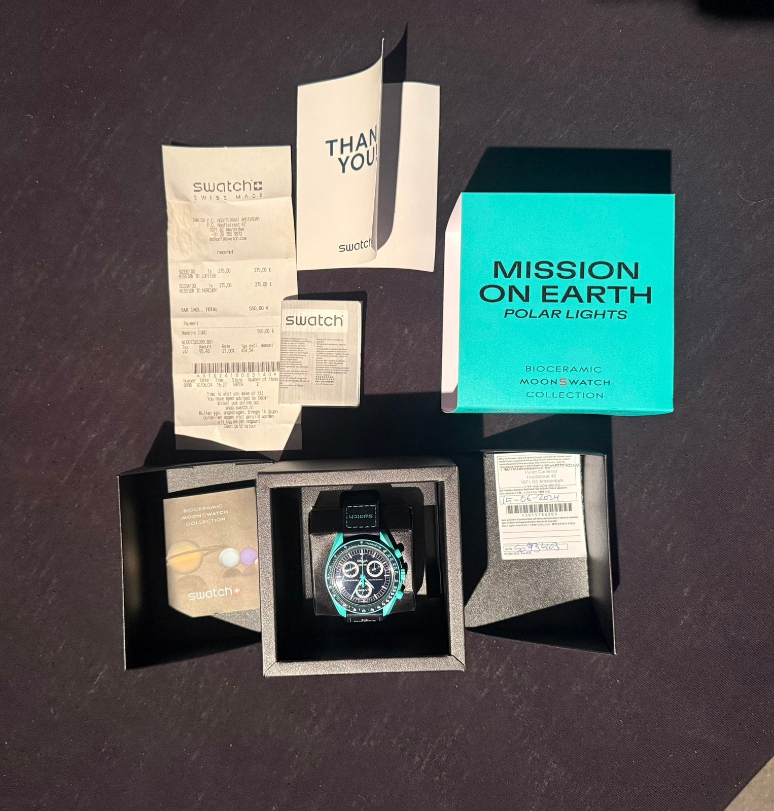 Omega x Swatch Moonswatch Polar Lights, Handtassen en Accessoires, Horloges | Dames, Ophalen, Zo goed als nieuw, Swatch