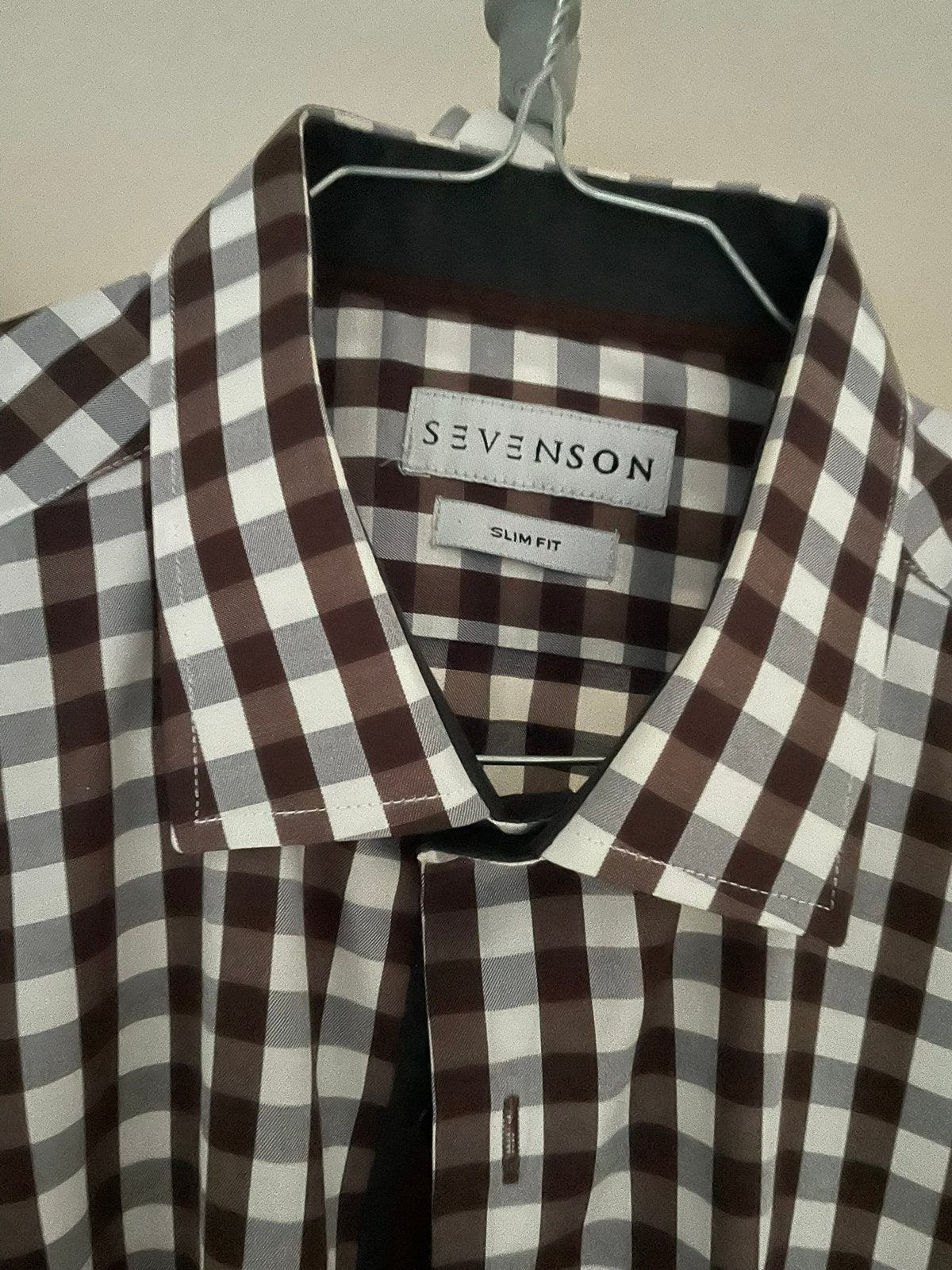 Chemise à carreaux marron et blanc Sevenson homme, taille L, Enlèvement ou Envoi, Comme neuf, Brun