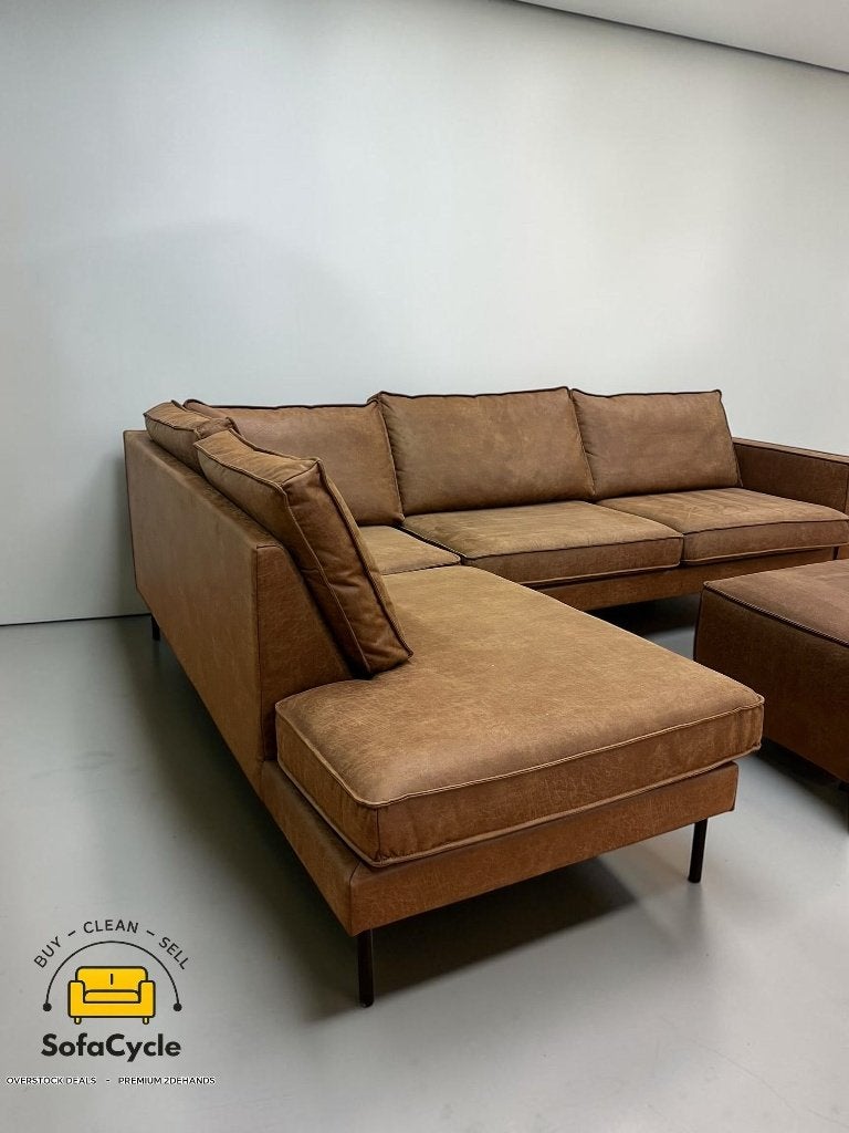 Fauteuil d'angle en microfibre cognac avec pouf, Enlèvement ou Envoi, SofaCycle VOF, Utilisé, Zonnestraat 223-229, 9600 Ronse, België