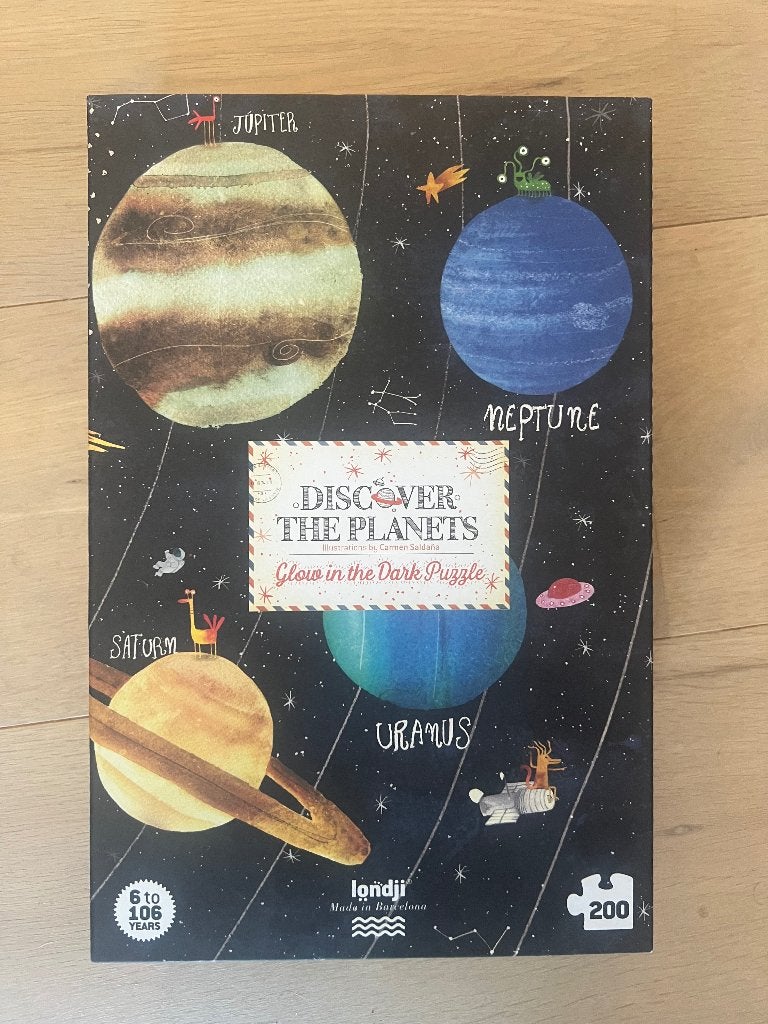 Londji Puzzel Discover the Planets 200st Glow in Dark, Ophalen of Verzenden, Minder dan 500 stukjes, Zo goed als nieuw, Legpuzzel