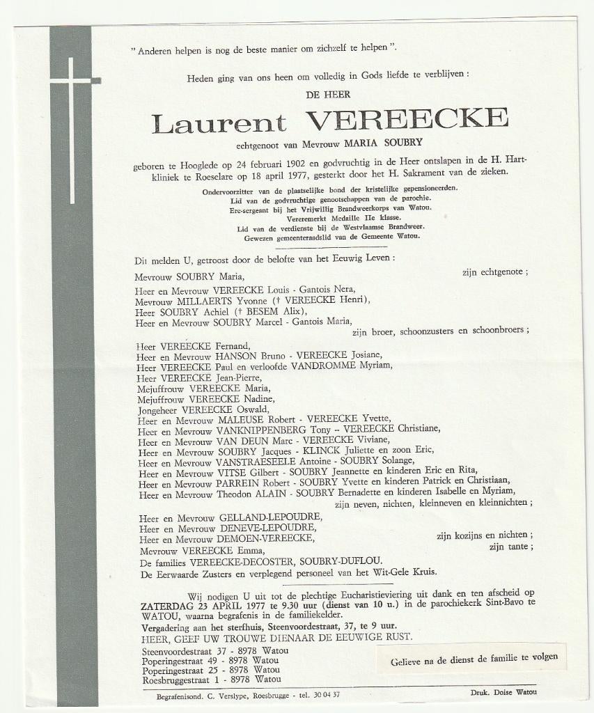 Doodsbrief VEREECKE Hooglede Roeselare 1977 Watou Brandweer, Envoi, Carte de condoléances