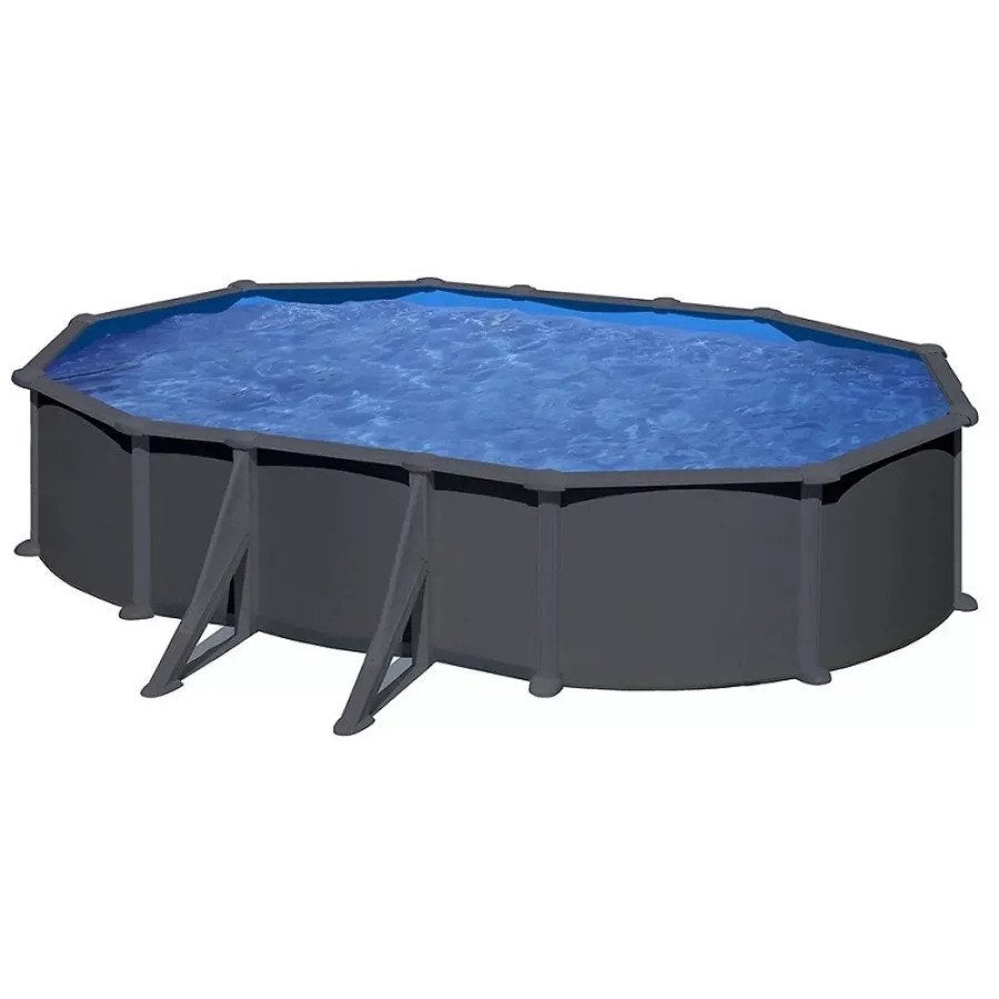 Ovaal zwembad van grijs staal - 6,10 x 3,75 x 1,30 m, Ovaal, Ophalen, 120 cm of meer, 300 cm of meer