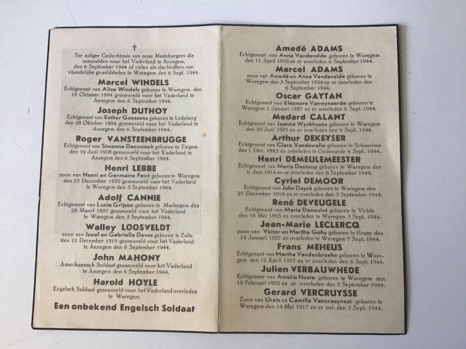 Herdenkingsprentje oorlogsslachtoffers uit Waregem, Verzamelen, Ophalen of Verzenden