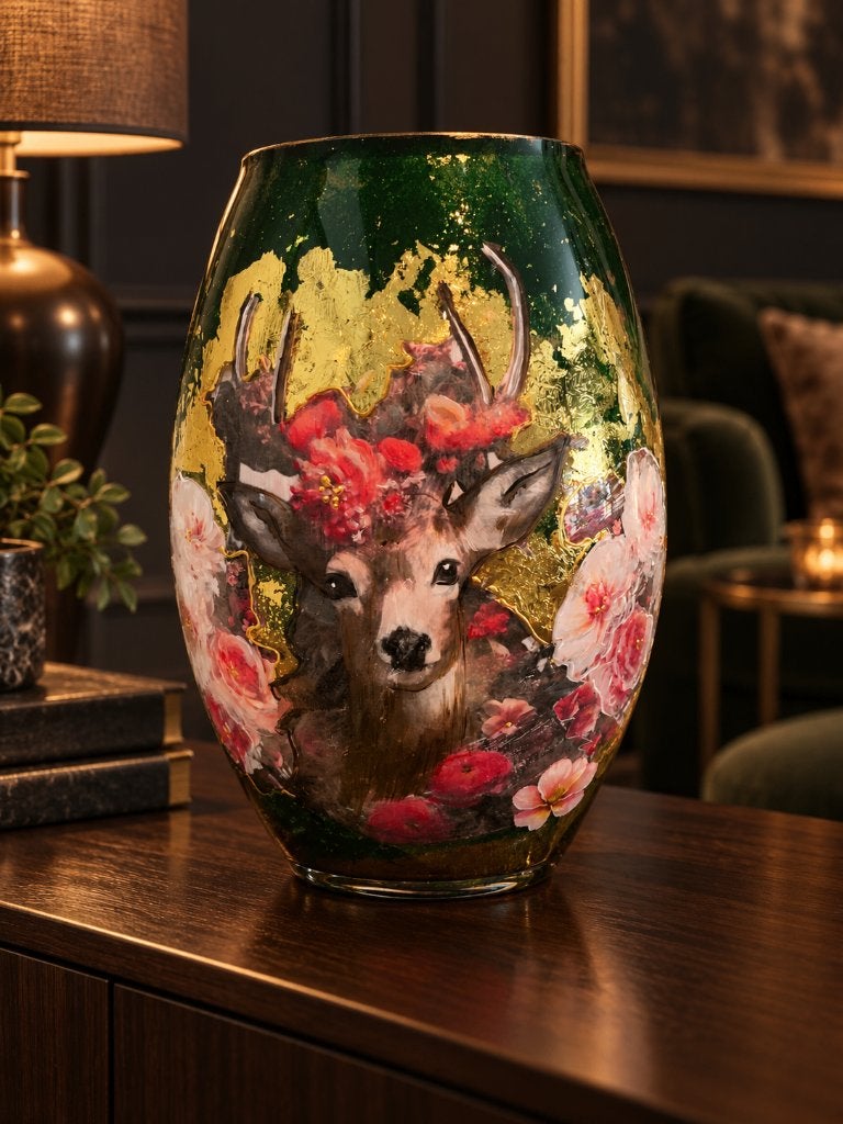 Handgedecoreerde vaas met herten, Nieuw, Ophalen of Verzenden, Glas, Geschikt voor droogbloemen