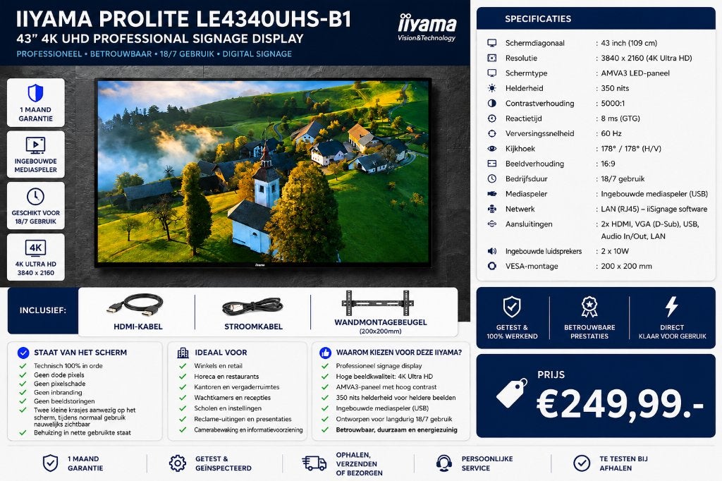 🖥️Iiyama ProLite 43" inch PRO | 4K monitor | Garantie |✅, Gaming, Connexion casque, Enlèvement ou Envoi, Reconditionné