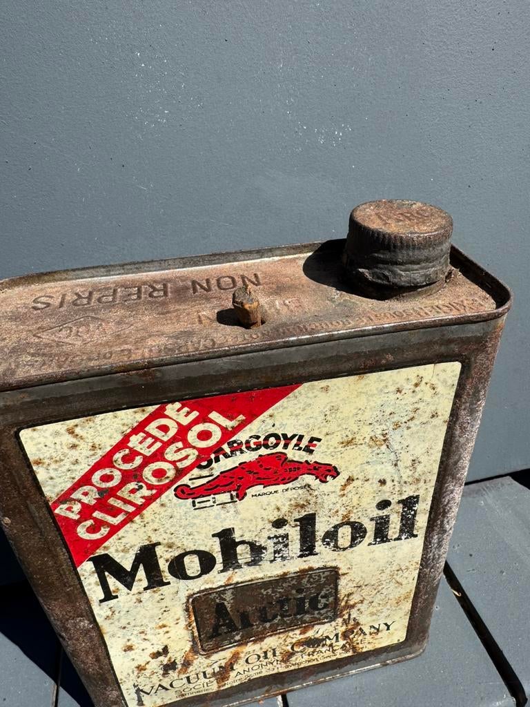 Mobiloil oud reclame olieblik, Verzamelen, Ophalen of Verzenden, Gebruikt, Verpakking