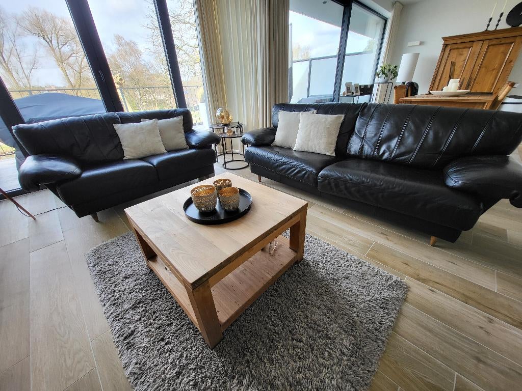 Modern zwart lederen salon (3 + 2 zit), Ophalen, Gebruikt, Leer, Modern