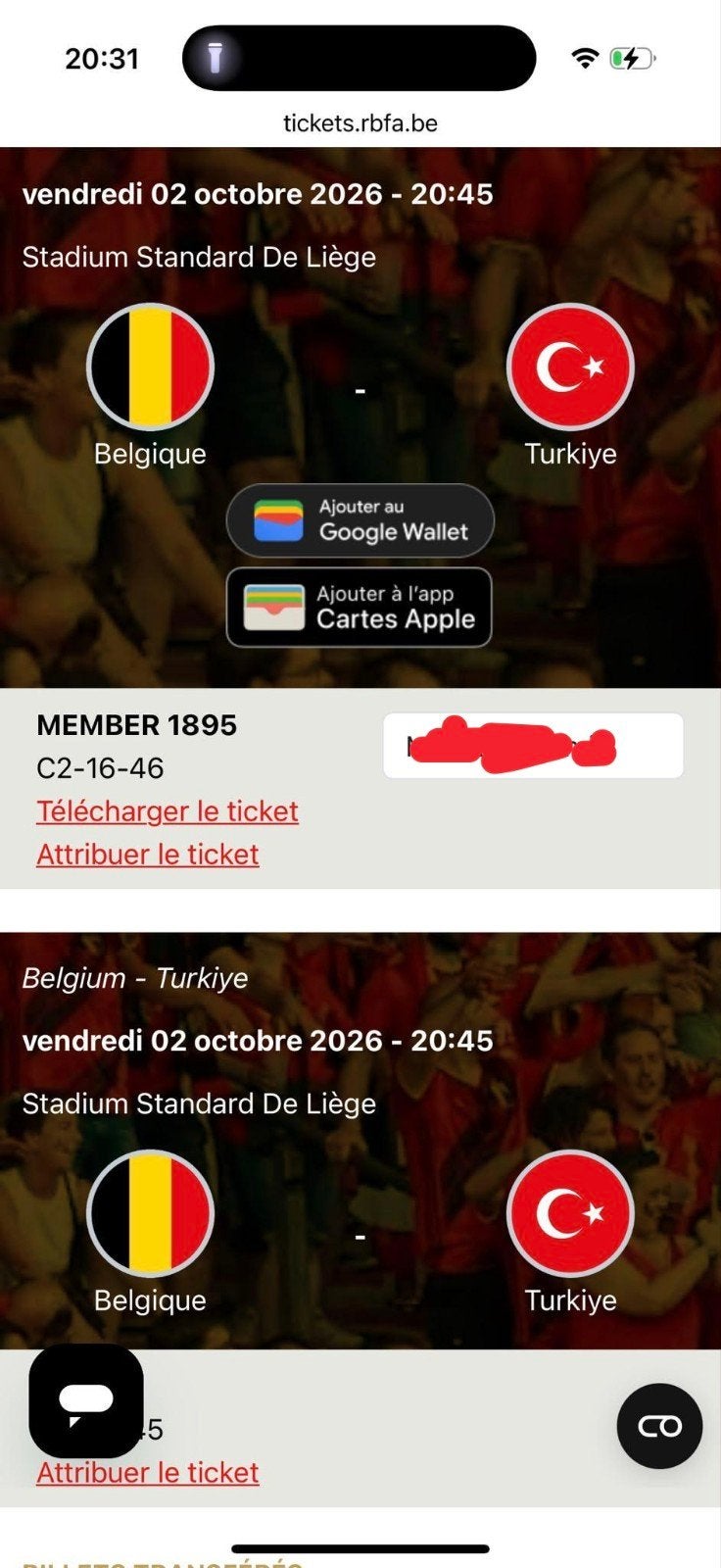 2 billets pour Belgique Turquie 02.10.26, Tickets & Billets, Deux personnes
