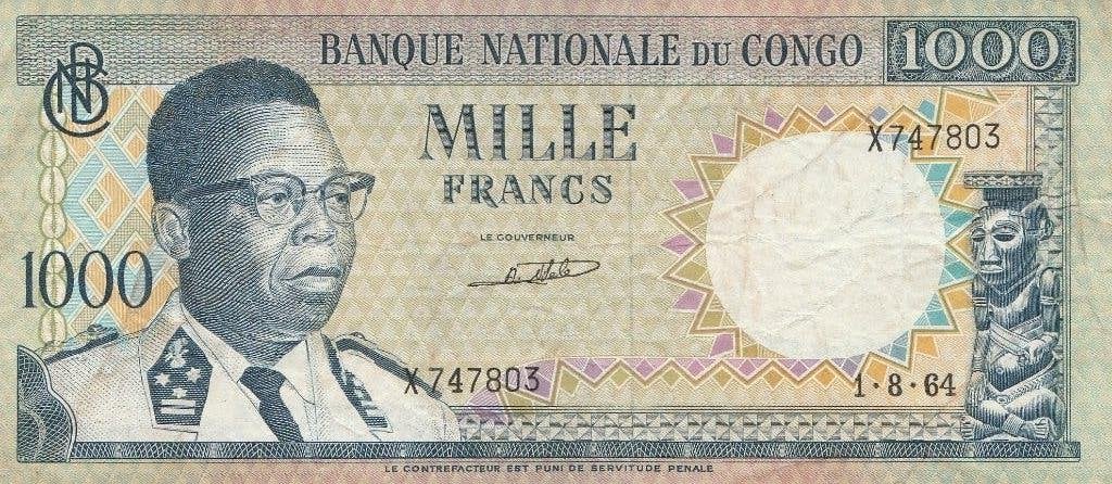 Bankbiljet van 1000 frank uit 1964 in Congo, Postzegels en Munten, Bankbiljetten | Afrika, Los biljet, Overige landen, Ophalen of Verzenden