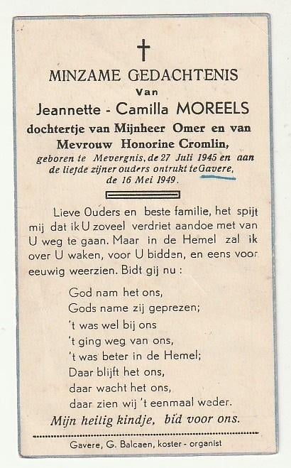 Jeannette MOREELS Mevergnis Gavere 1949 (kind) Guido Gezelle, Verzenden, Bidprentje