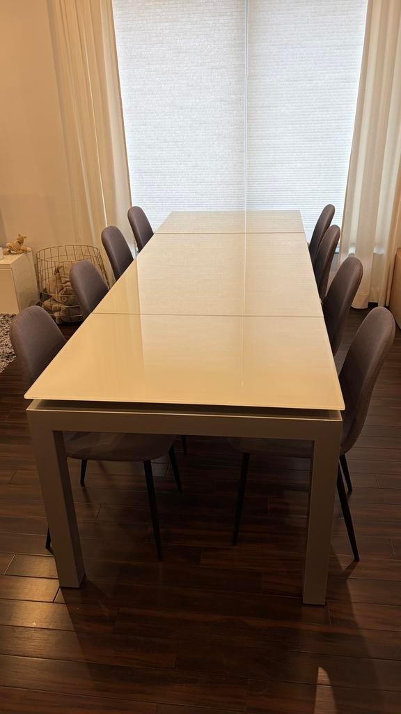 Calligaris uitschuifbare eettafel wit glas + alu tot 260cm, Maison & Meubles, Tables | Tables à manger, Utilisé, 50 à 100 cm, 200 cm ou plus