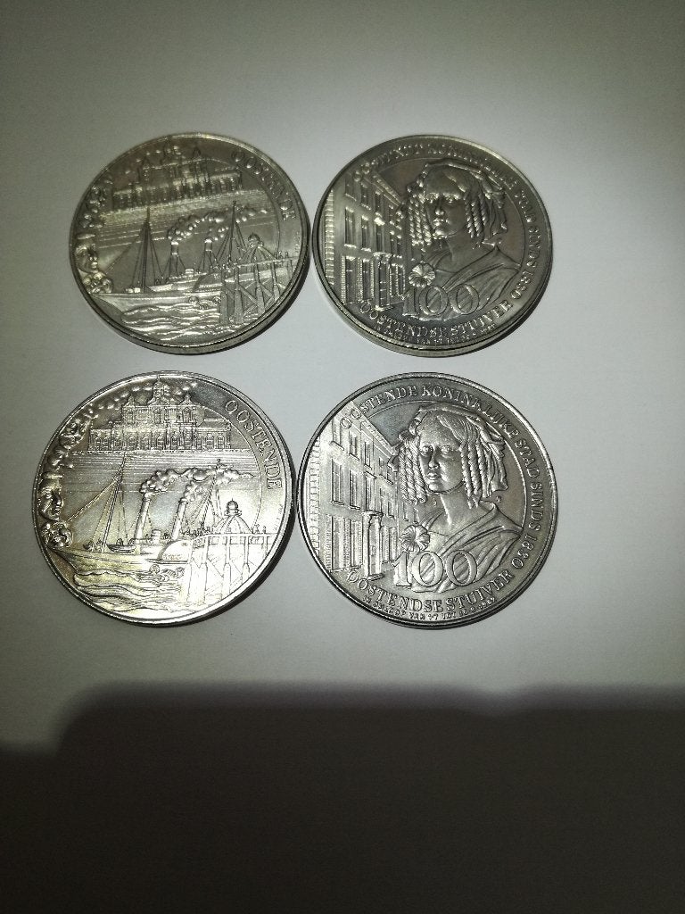 4 stuks Oostendse 100 stuivers (150 jaar) nickel/zilver, Postzegels en Munten, Ophalen, Zilver, Losse munt, Zilver