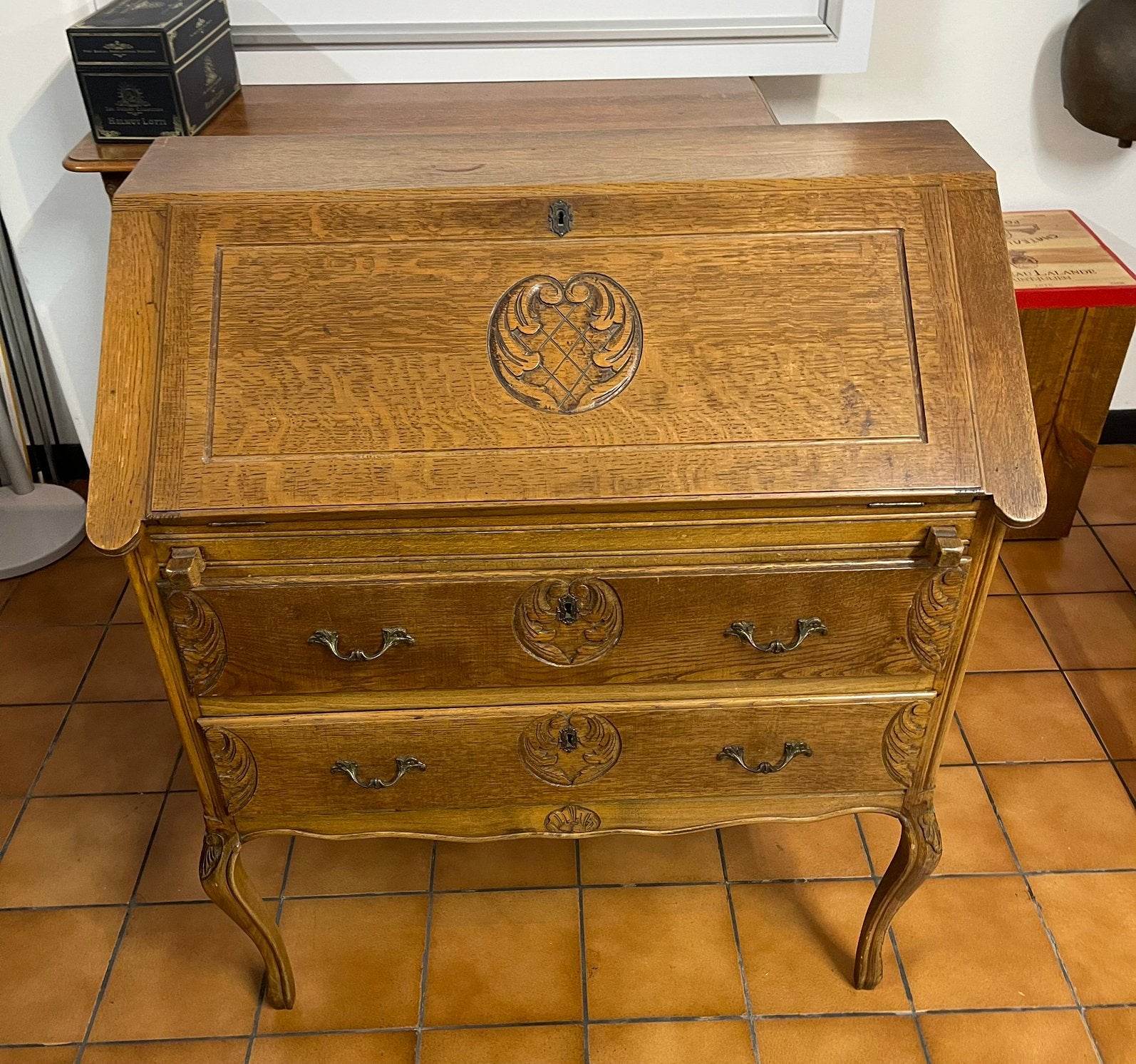 Vintage secretaressebureau, massief hout, Ophalen, Zo goed als nieuw