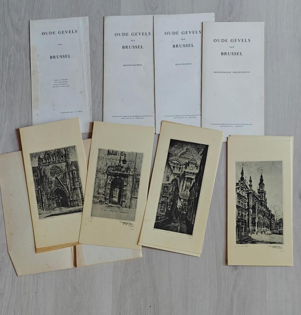 Historia prenten oude gevels Brussel, Verzamelen, Ophalen, Gebruikt, Gebouw, Voor 1940