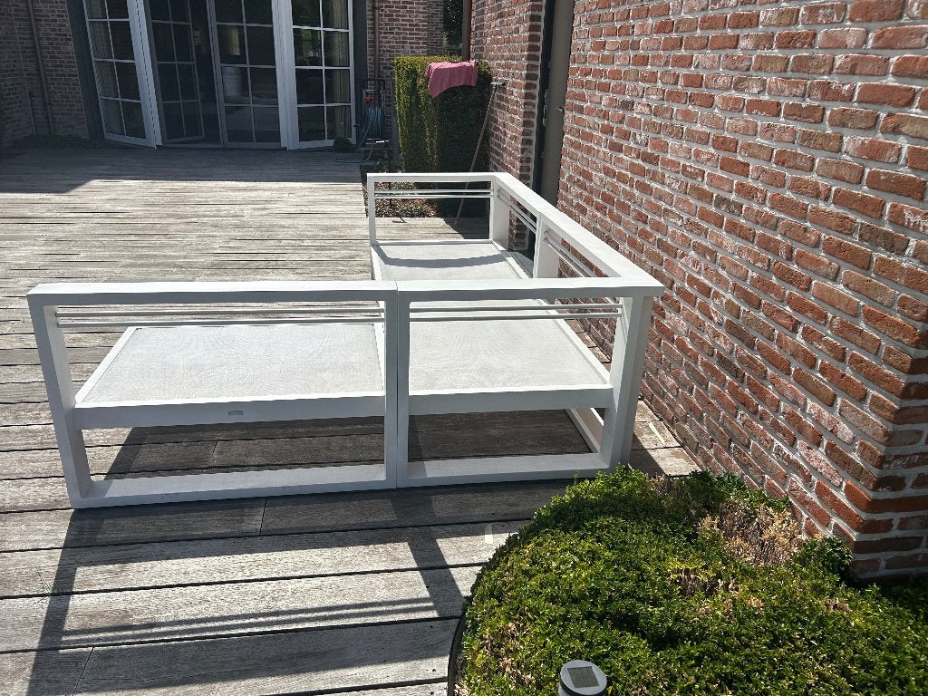 Mooie aluminium hoekbank met Manutti kussens -rechterdeel, Tuin en Terras, Tuinbanken, Ophalen, Gebruikt, Aluminium
