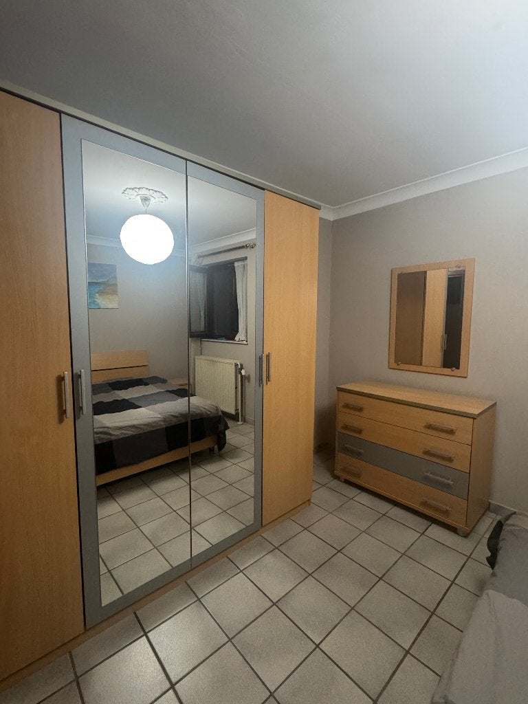 Complete slaapkamer in lichte eik en grijstint – bed 160x200, Ophalen, Gebruikt, Tweepersoons, Tijdloos