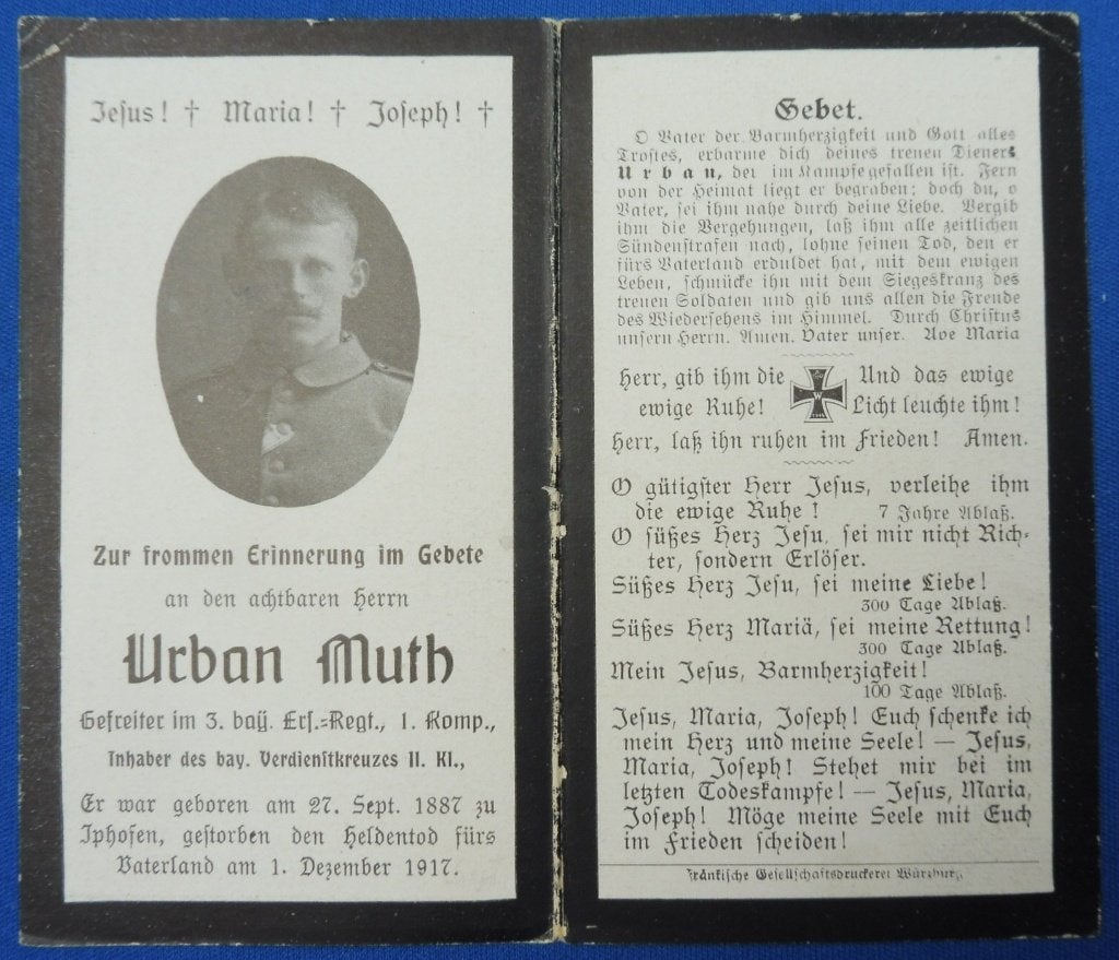 WO1 bidprent Duitse soldaat gesneuveld 1917 te Cambrai, Verzenden, Landmacht, Overige typen