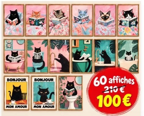 LOT DE 60 AFFICHES DÉCORATIVES CHAT – 100 €, Enlèvement ou Envoi, Neuf