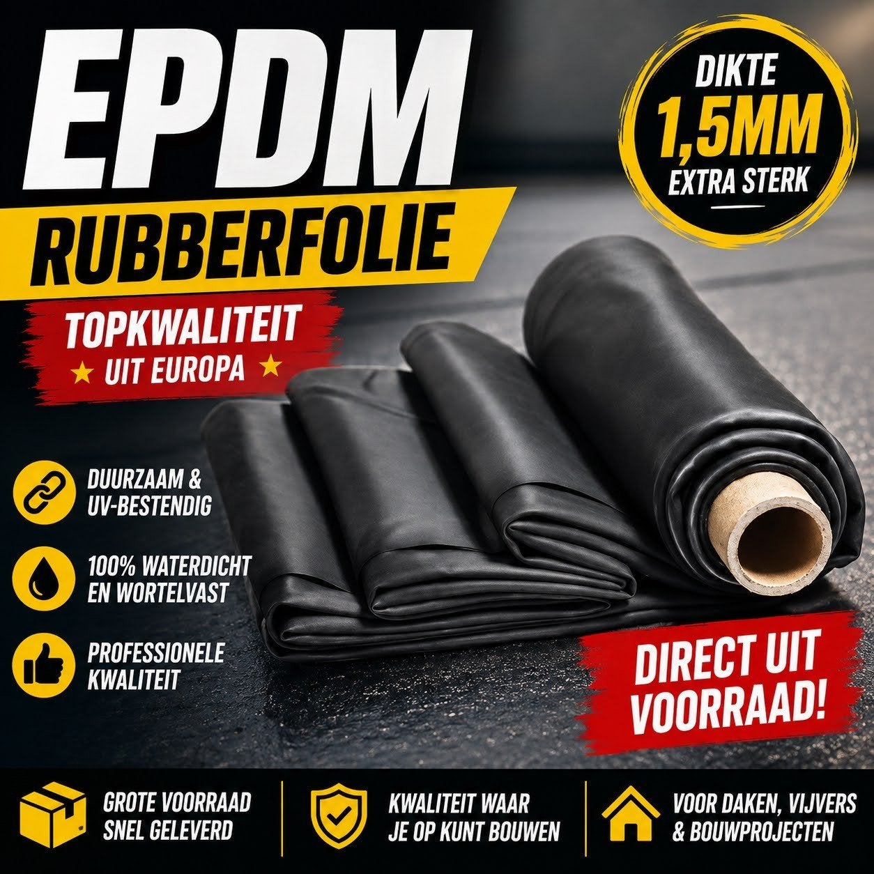EPDM Rubberfolie uit 1 stuk | dikte 1,5mm | € 11m² excl.btw, Ophalen, Overige materialen, Zwart, Nieuw