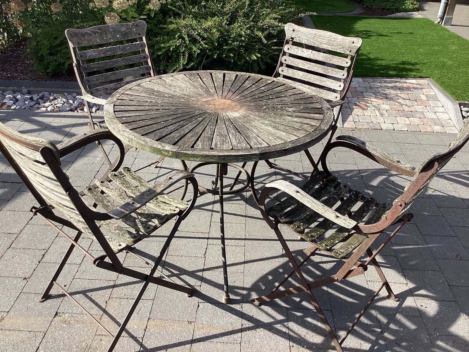 Brocante tuinset smeedwerk met teak, Ophalen, 4 zitplaatsen, Gebruikt, Teakhout