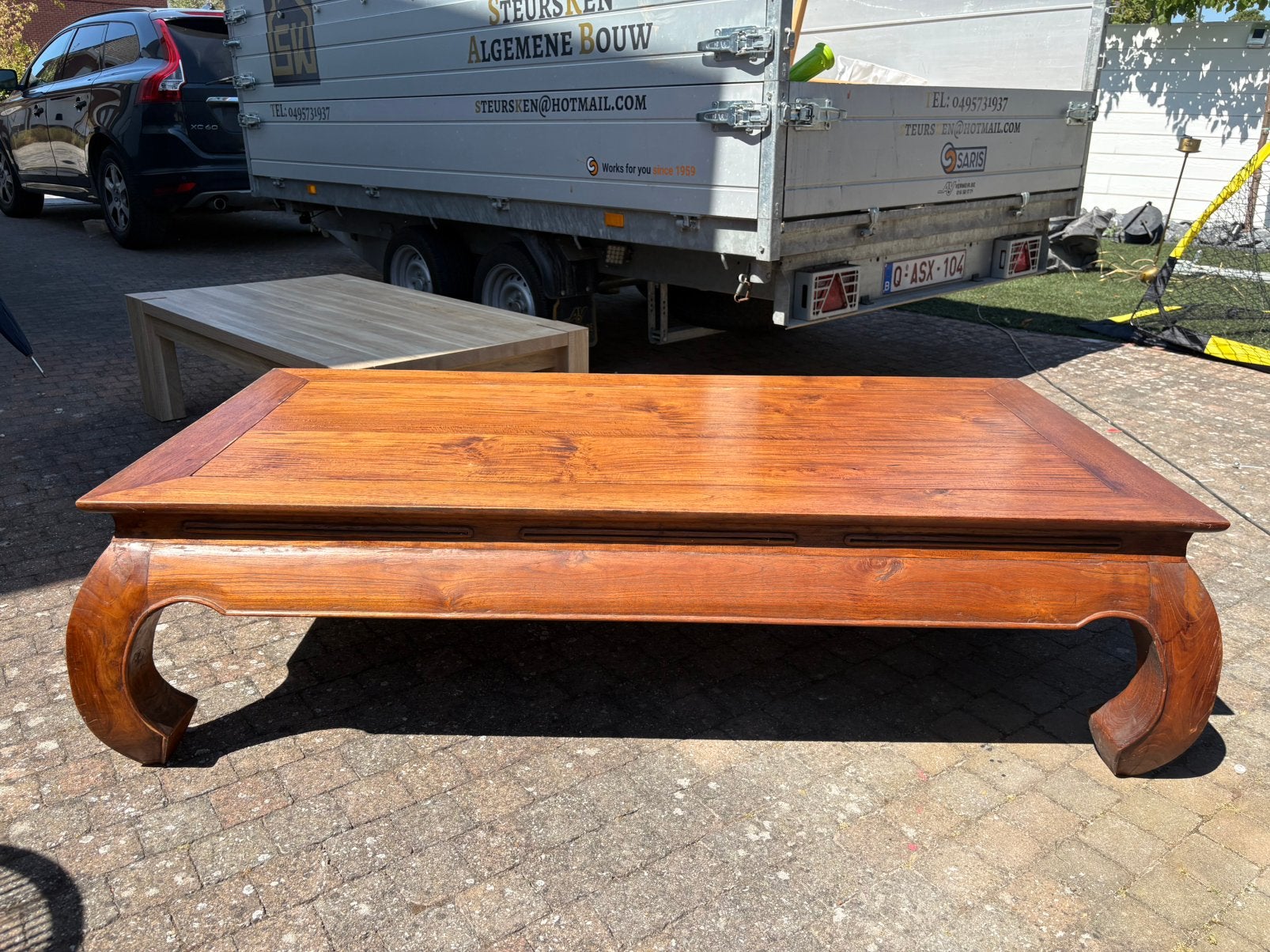 Belle table basse vintage en bois — design unique, 150 à 200 cm, Comme neuf, Enlèvement, 50 à 100 cm