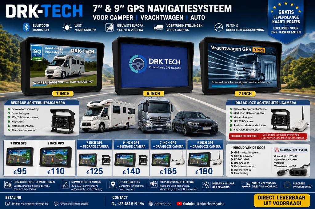 DRK TECH GPS 7” & 9” Camping-Car Camion Europe Bluetooth, Neuf, Info@drktech.be, Enlèvement ou Envoi, Oosterwennel 35 Genk