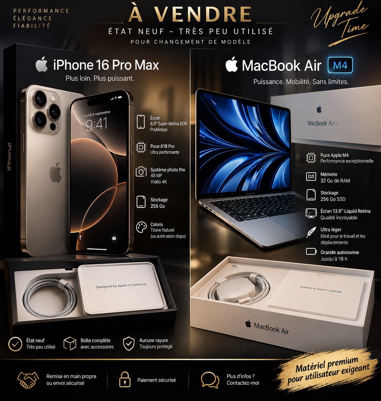 Vend macbook m4 24 giga 13 pouce etat top iphone 16 promax, Enlèvement ou Envoi, Comme neuf