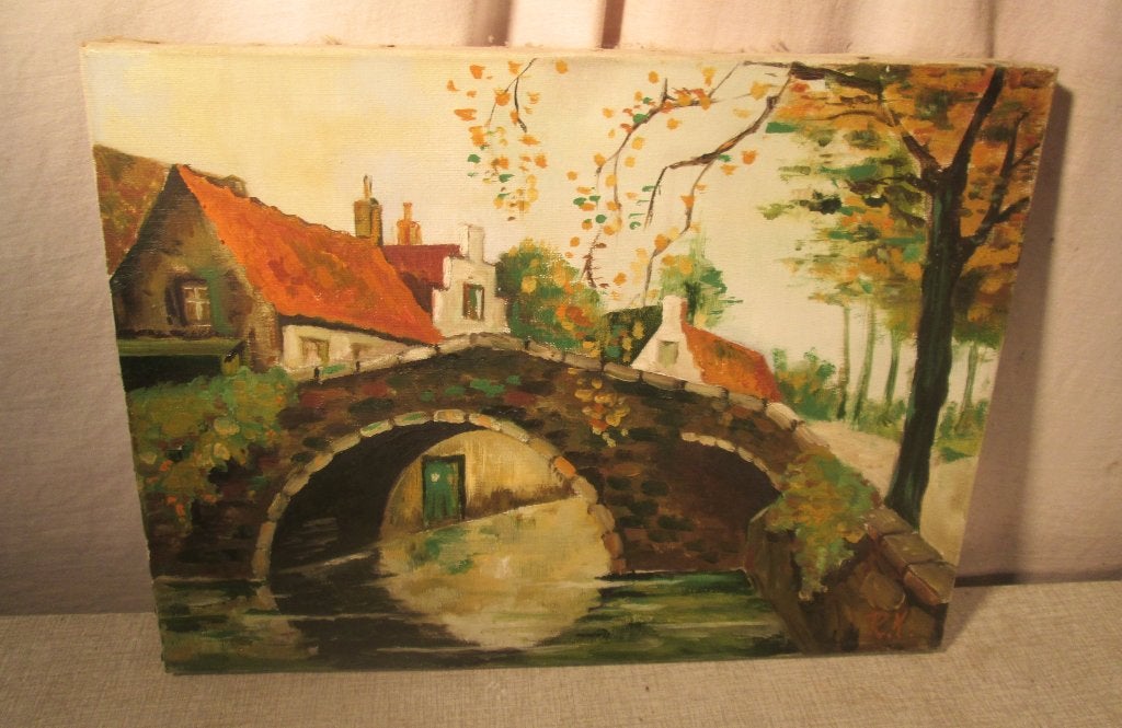 Belle œuvre peinte ancienne 'Old Stone Bridge' - R.K., Enlèvement ou Envoi, Peinture à l'huile, Paysage, Peint à la main