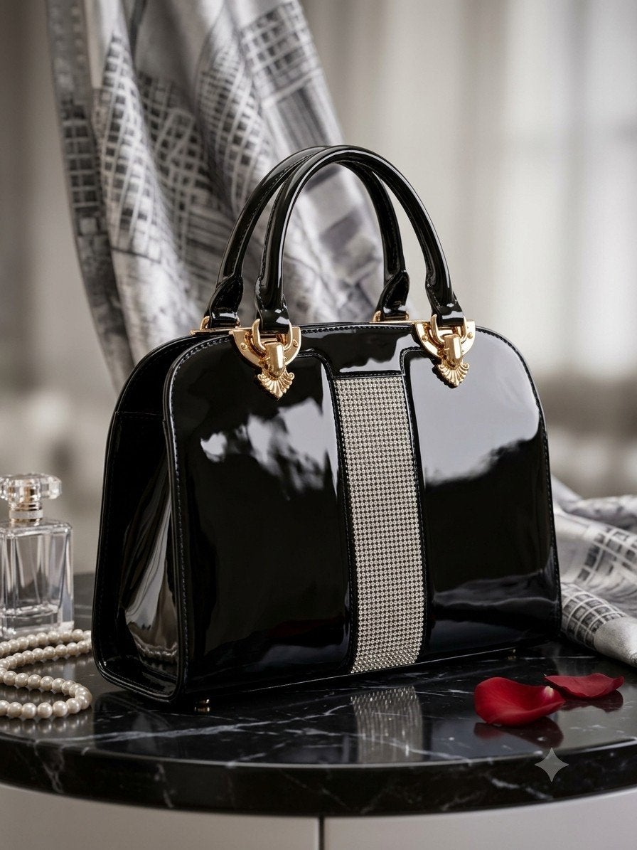 Chique handtas in zwart lakleer en strass, Ophalen of Verzenden, Zwart, Handtas