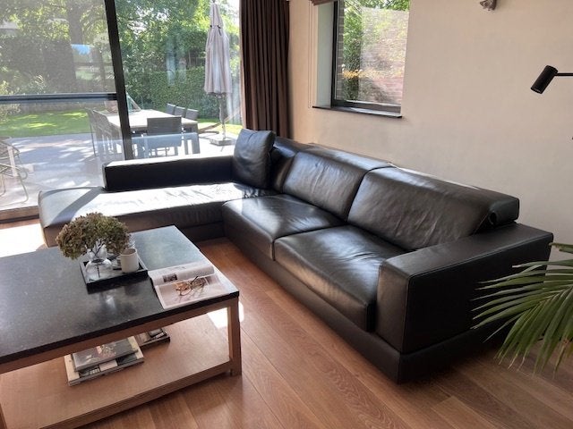 Luxe zwarte leren hoekzetel 5+ pers, Enlèvement, Utilisé, Cuir, Tijdloos, warm-modern
