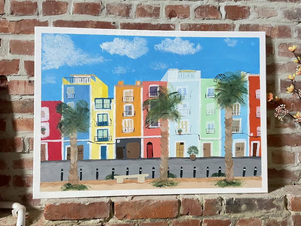 Kleurrijk Villajoyosa Spanje schilderij, Ophalen of Verzenden