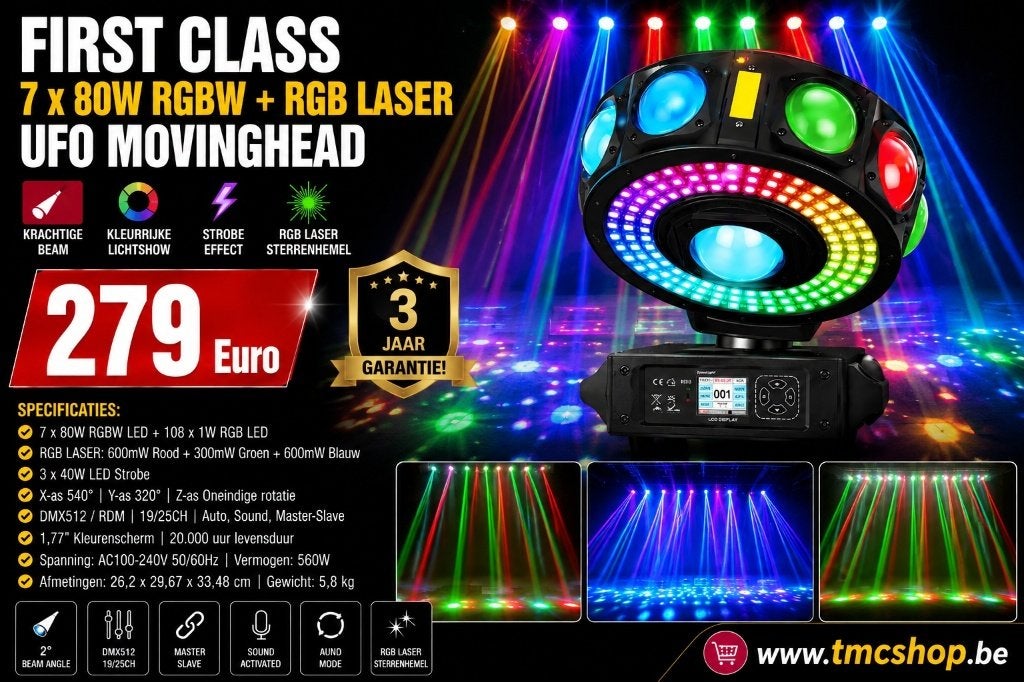 Nieuwe First Class 7 x 80W RGBW + RGB LASER Ufo Movinghead, Muziek en Instrumenten, Licht en Laser, Ophalen of Verzenden, Nieuw