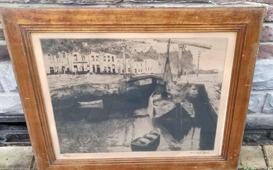 Eau forte bateau a quai signe Armand apol, Antiek en Kunst, Ophalen of Verzenden