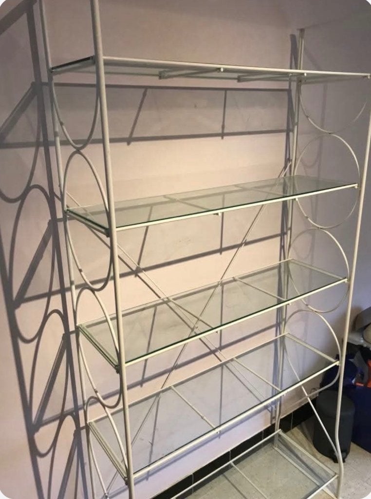 Vintage beige metalen plank en glas, Ophalen, Etagère, Demontabel, Glas