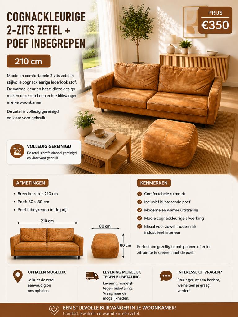 Cognackleurige 2-zits zetel+poef inbegrepen–gereinigd–210 cm, Kunststof, Driepersoons, 75 tot 100 cm, Ophalen of Verzenden