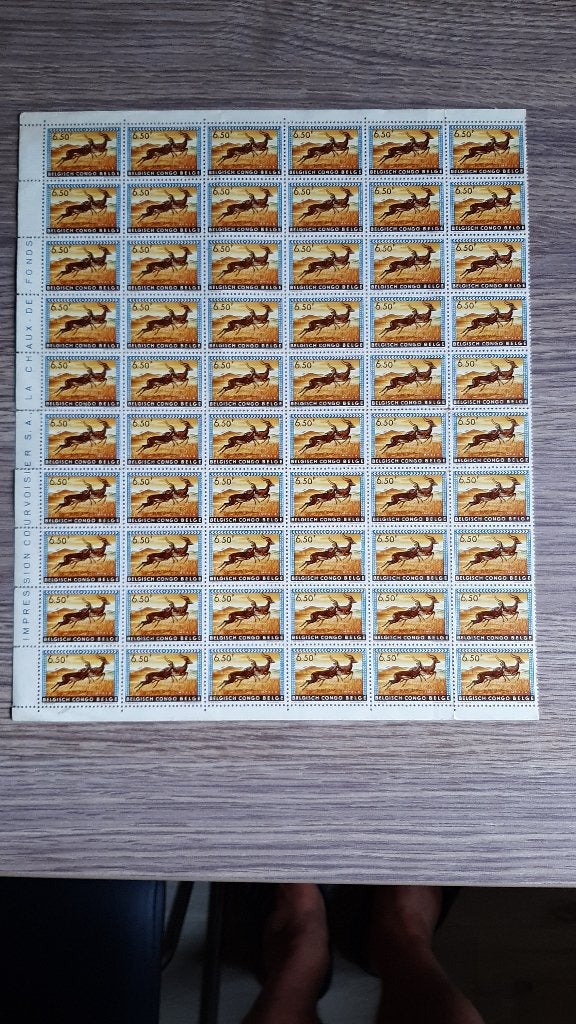 Blad van 60 Belgische Congo postzegels 6.50F „Impalas”, Postzegels en Munten, Postzegels | Afrika, Ophalen, Overige landen, Postfris