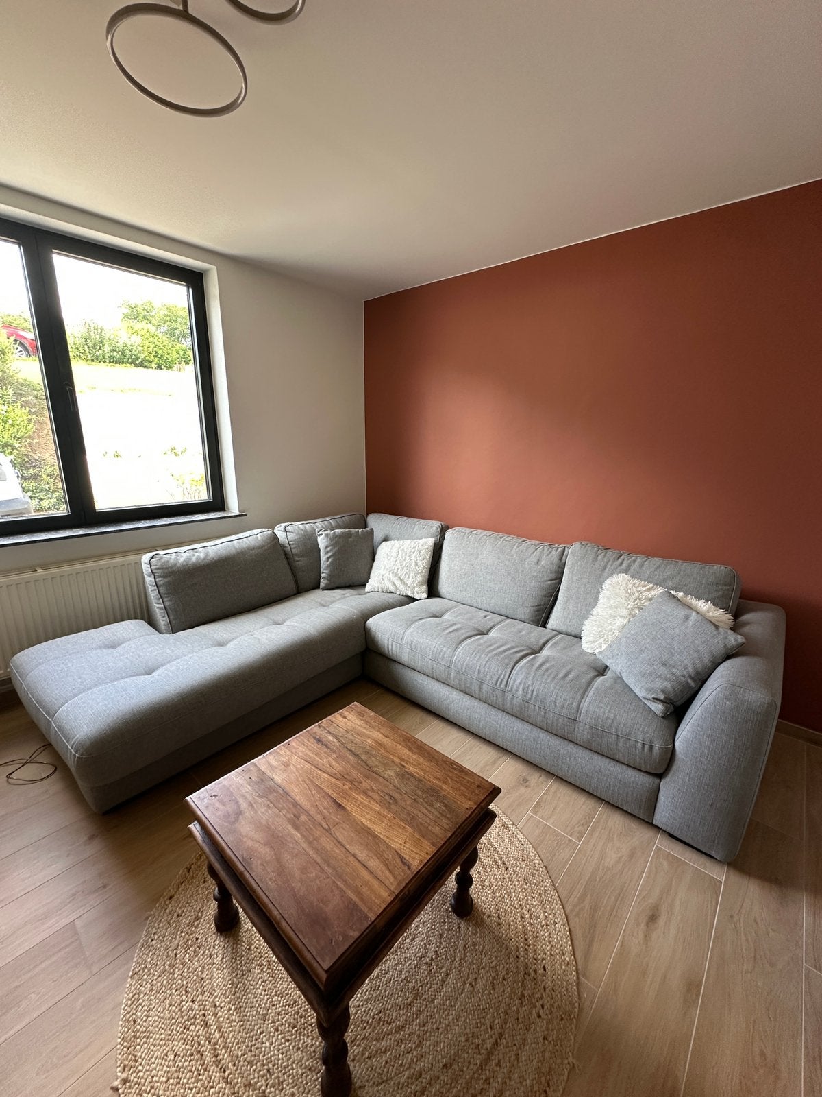 grijze hoekbank te koop, Huis en Inrichting, Ophalen, Gebruikt, Hoekbank, 75 tot 100 cm
