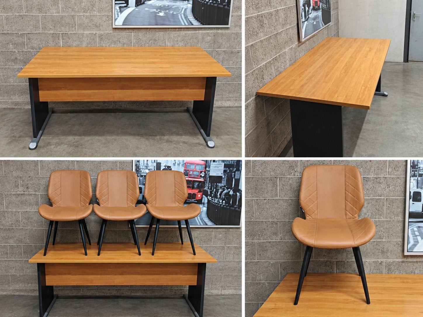 Bureau + 3 chaises simili cuir cognac – Bon état – 100 €, Enlèvement, Noir, Bois