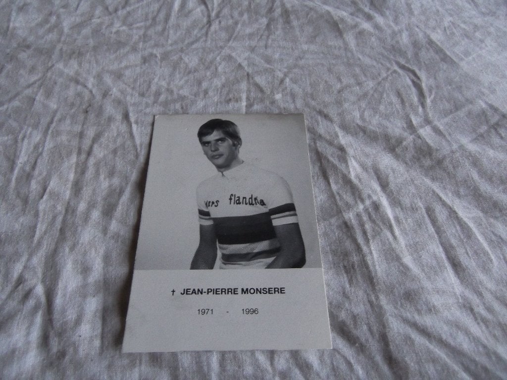 prentje als aandenken aan Jean - Pierre Monseré : wielrenner, Verzamelen, Bidprentjes en Rouwkaarten, Ophalen of Verzenden