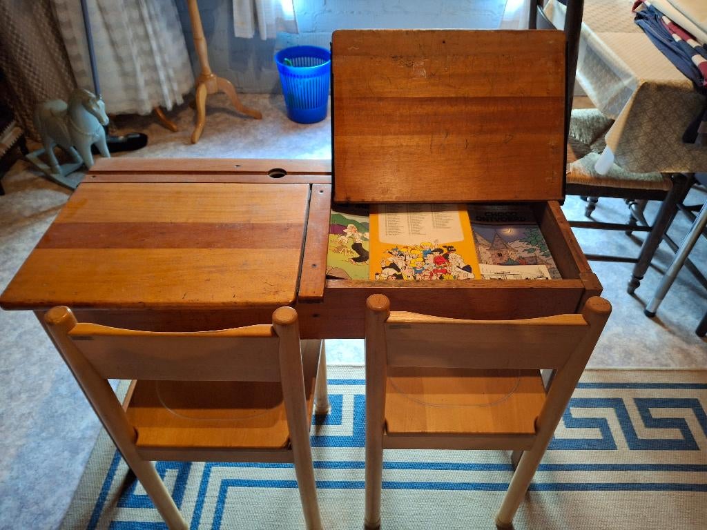 Oude schoolbank + 2 stoelen, Antiek en Kunst, Ophalen