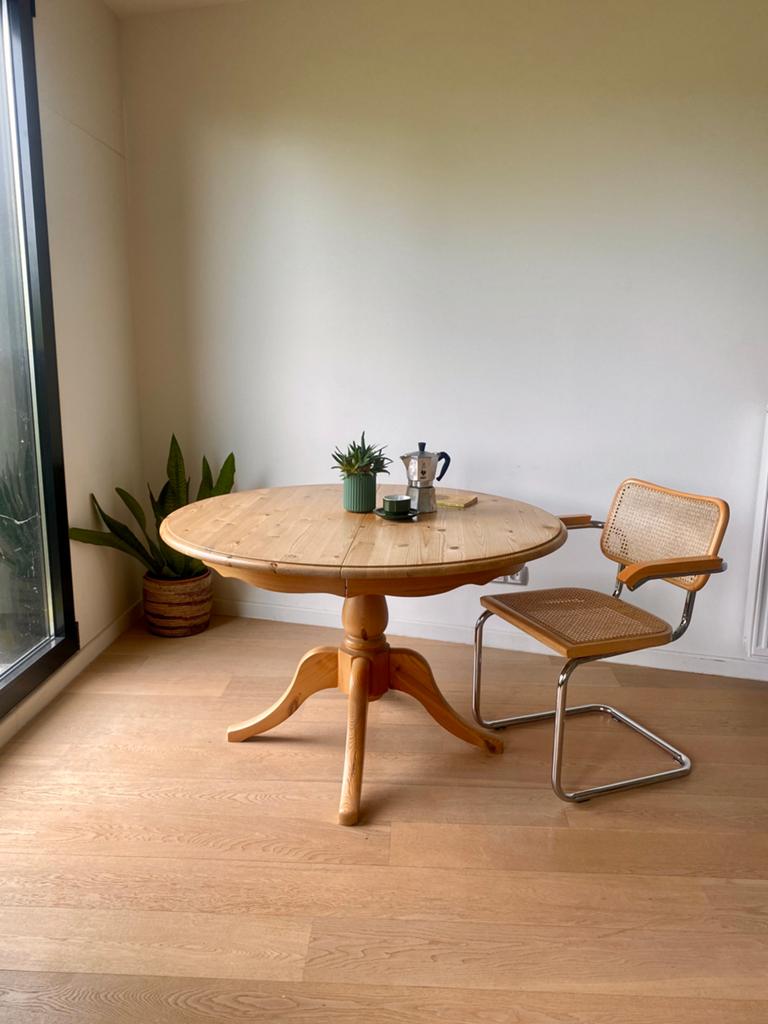 Vintage verlengbare grenen eettafel 4-6 personen, Ophalen, 100 tot 150 cm, Rond, Zo goed als nieuw