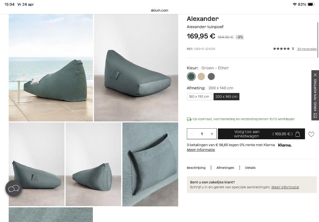 Sklüm Buiten zitzak, Ophalen, Zo goed als nieuw, Grijs, Zitzak