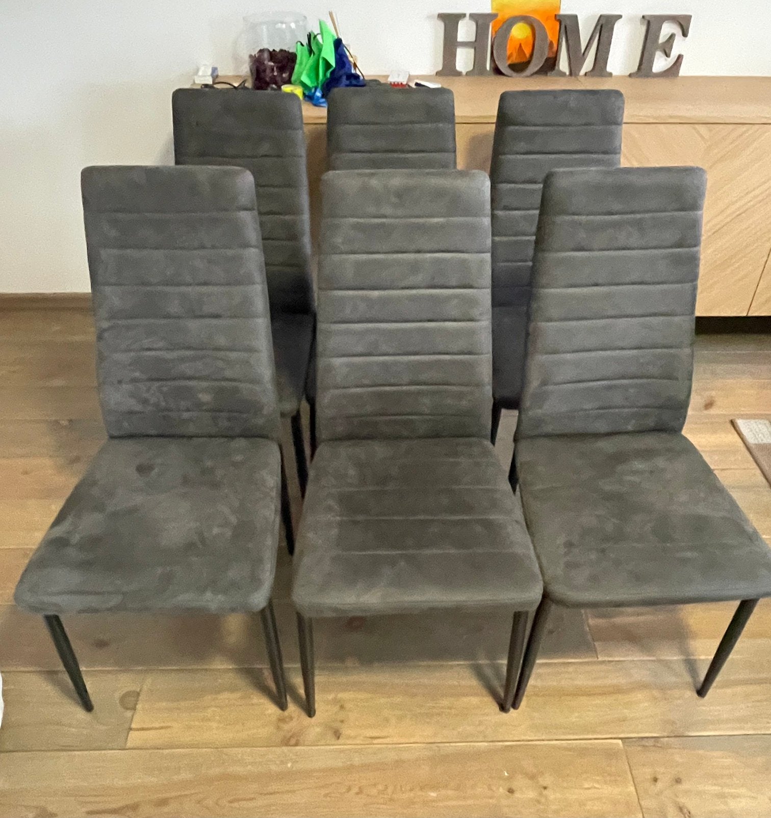 6 stoelen - donkergris nubuck, Maison & Meubles, Enlèvement, Comme neuf, Gris, Synthétique
