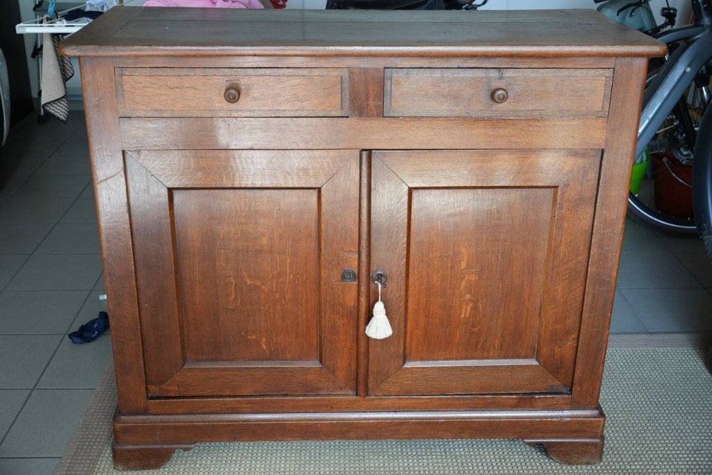 Antiek eiken Louis-Philippe dressoir kast met taxatierapport, Gebruikt, 100 tot 150 cm, 25 tot 50 cm, Antiek